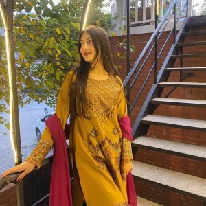 মাস্টার ইয়োলো কালারের সাথে মেজেন্ডা কালারের দুর্দান্ত কম্বিনেশন এই  থ্রি -পিস